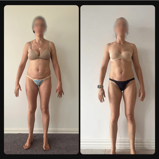 Side-by-side comparison of a woman before and after body transformation, standing against a plain wall, wearing different underwear in each photo.