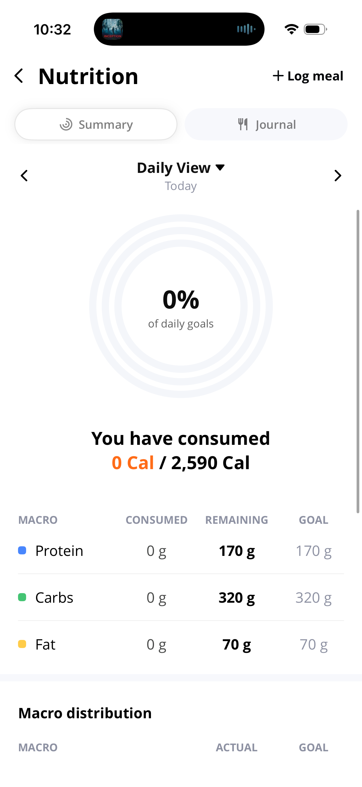 Mobile app screen displaying nutrition tracking, showing daily calorie consumption as 0 calories out of a 2,590 calorie goal, with macro breakdowns for protein, carbs, and fat.