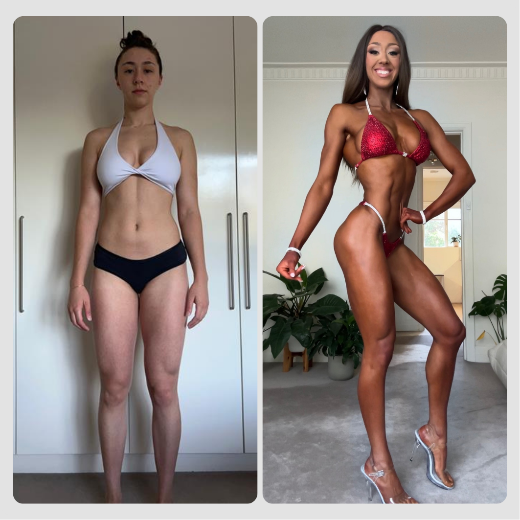 Side-by-side comparison of a woman's fitness transformation, showing before and after photos with different physiques and posing in different outfits.