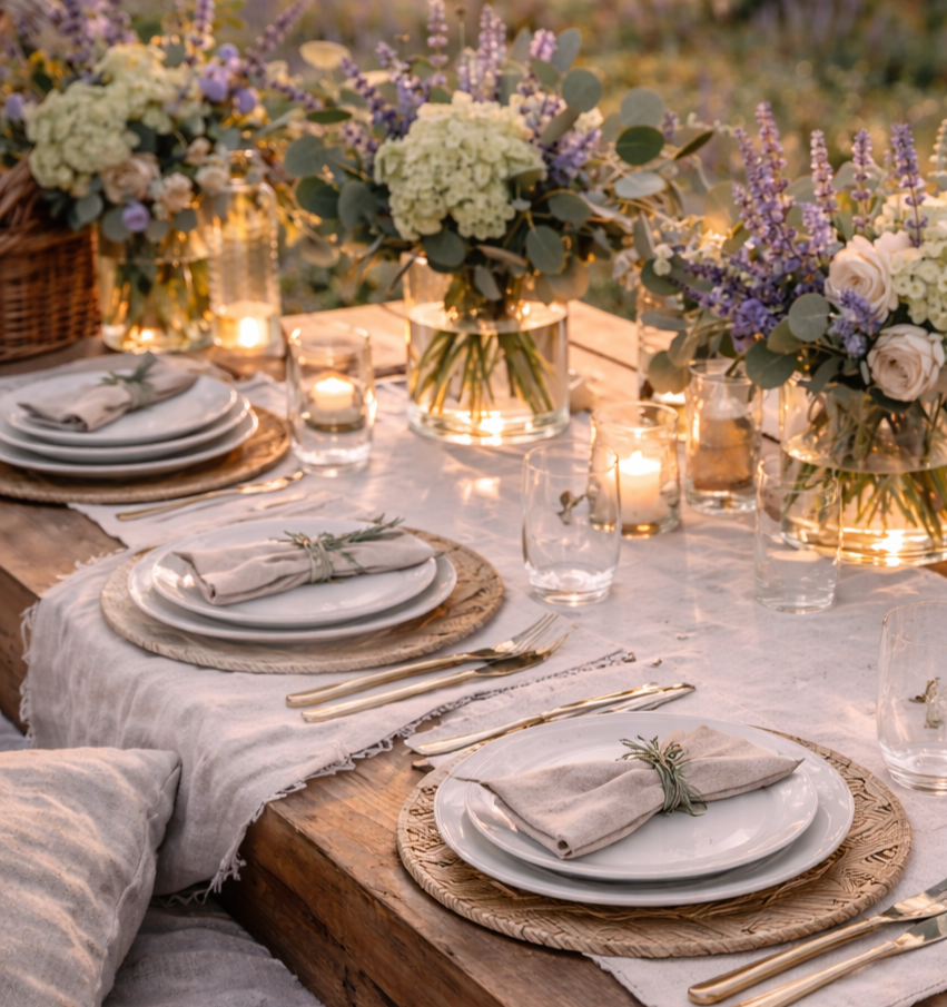 A beautifully set outdoor dining table with white plates, cloth napkins, gold flatware, glassware, and candlelit bouquets of white and purple flowers with greenery.