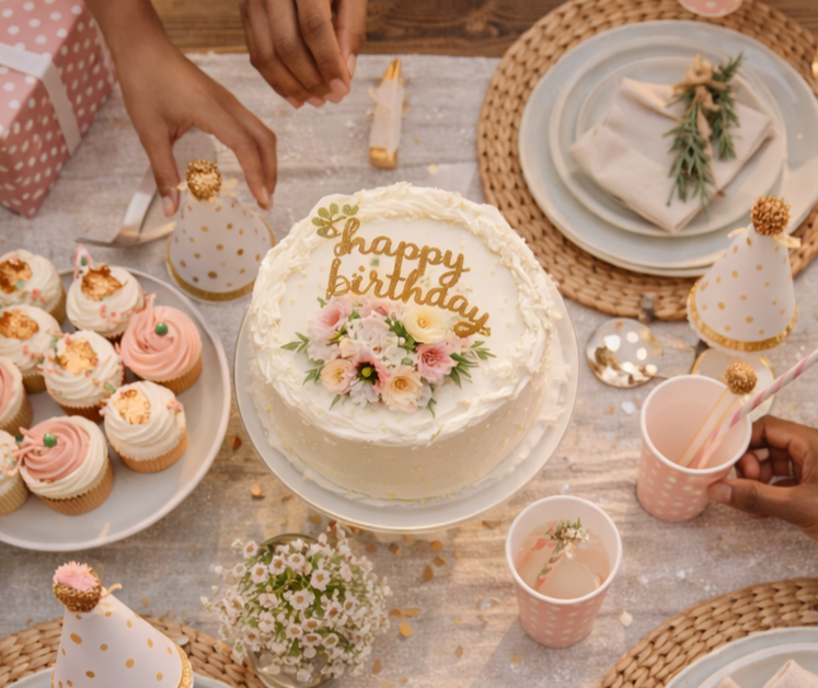 A birthday celebration table with a white cake decorated with pink and white flowers and a gold 'happy birthday' topper, surrounded by cupcakes, party hats, and pink cups with straws.