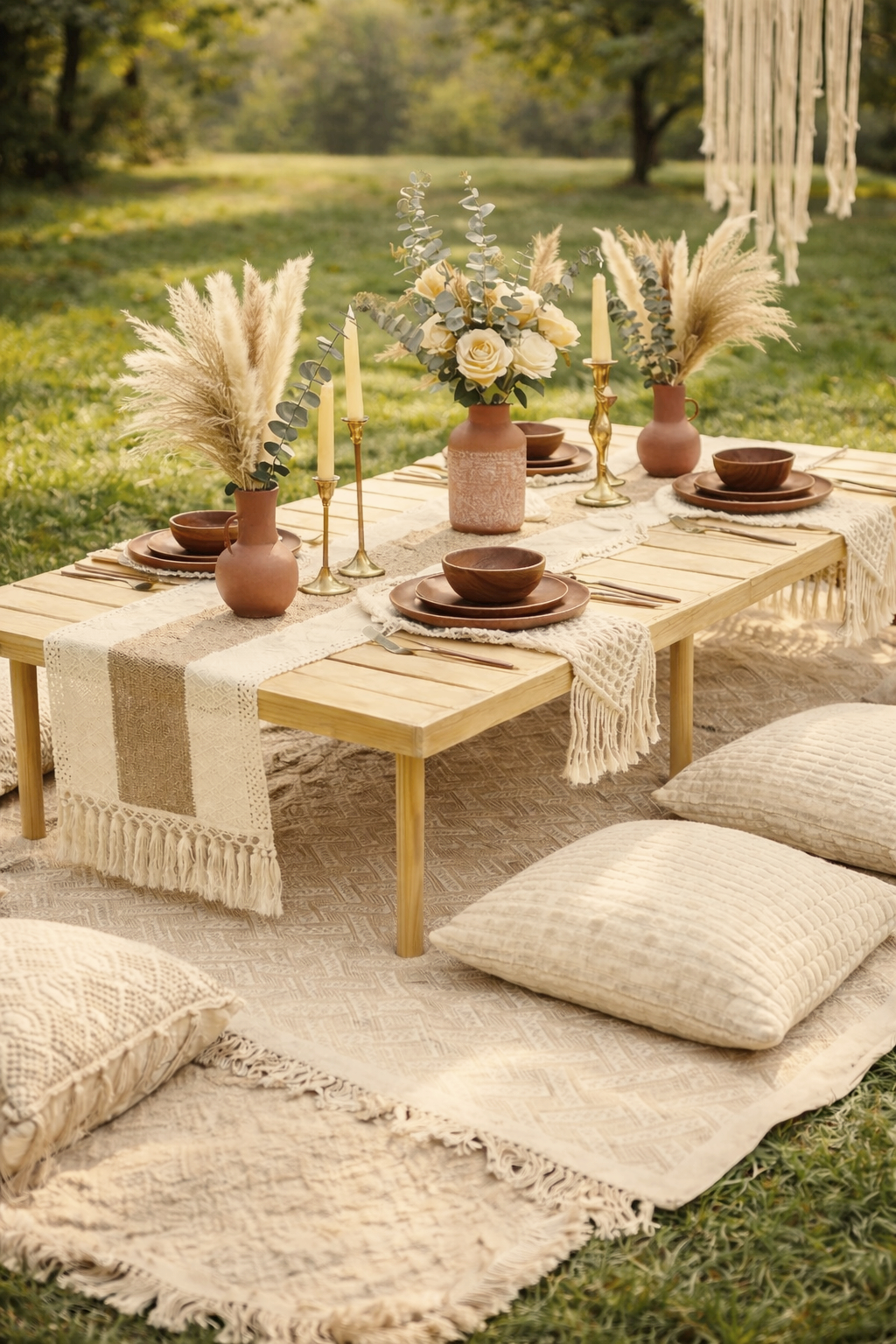 Boho outdoor dining setup with a low wooden table, cream-colored pillows, and beige rugs, decorated with vases of white roses, pampas grass, and brass candlesticks.