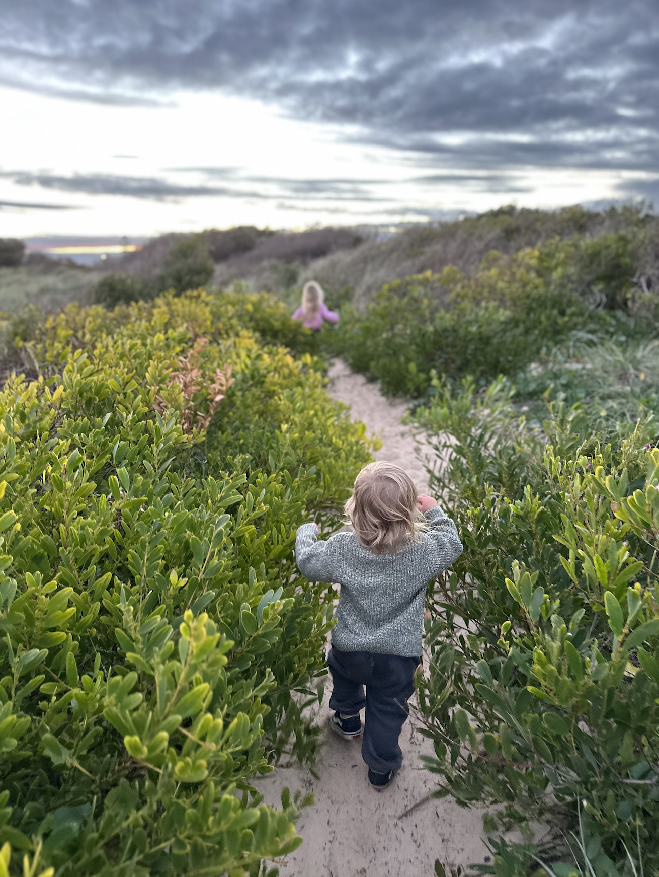 Two young children walking along a sandy trail through dense green shrubbery in a natural landscape at sunset, with dark clouds overhead. Parent encouraging child to explore while staying nearby