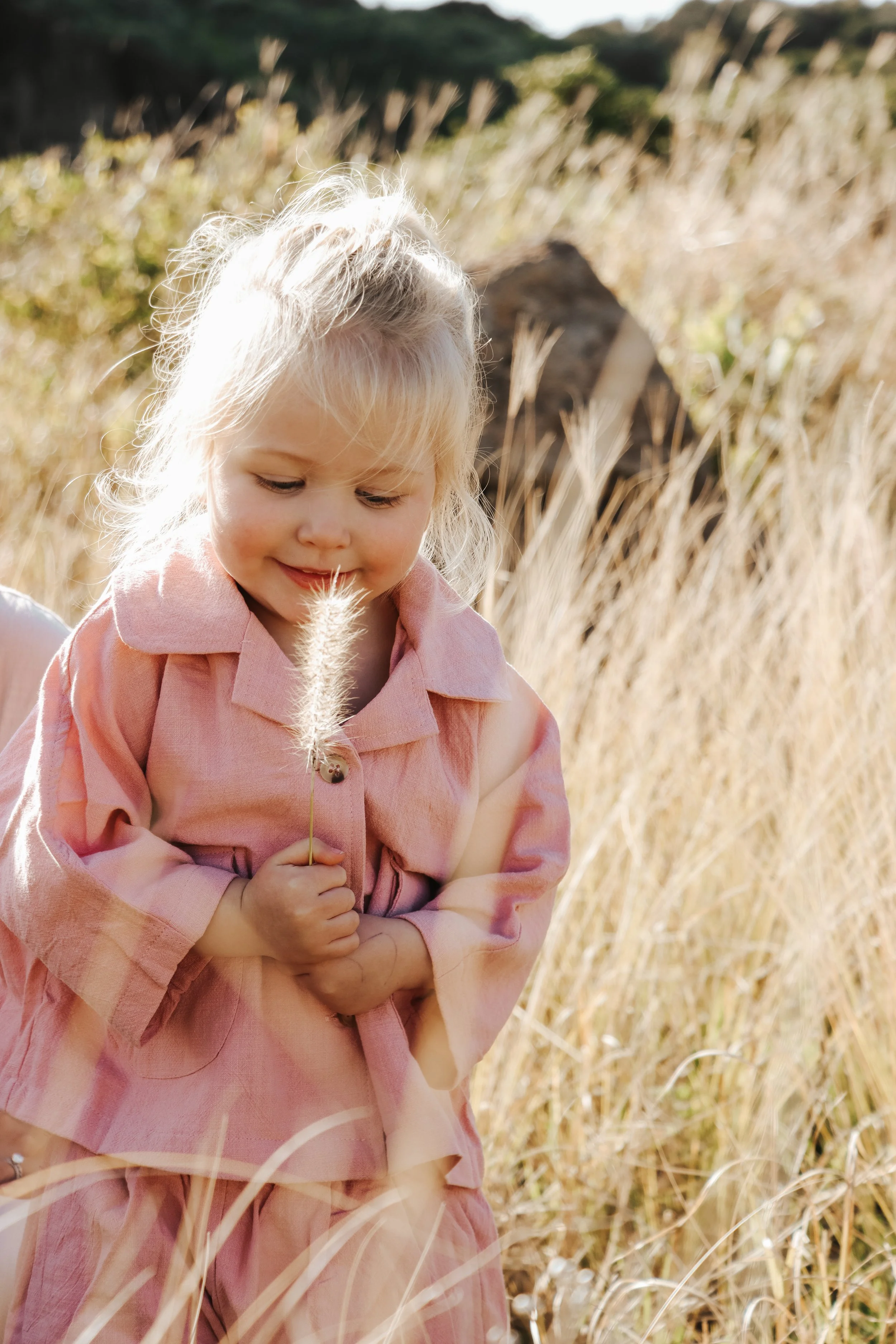 A young girl with blonde hair wearing a pink dress, holding a piece of grass in a field of dry grass exploring her world in her secure attachment