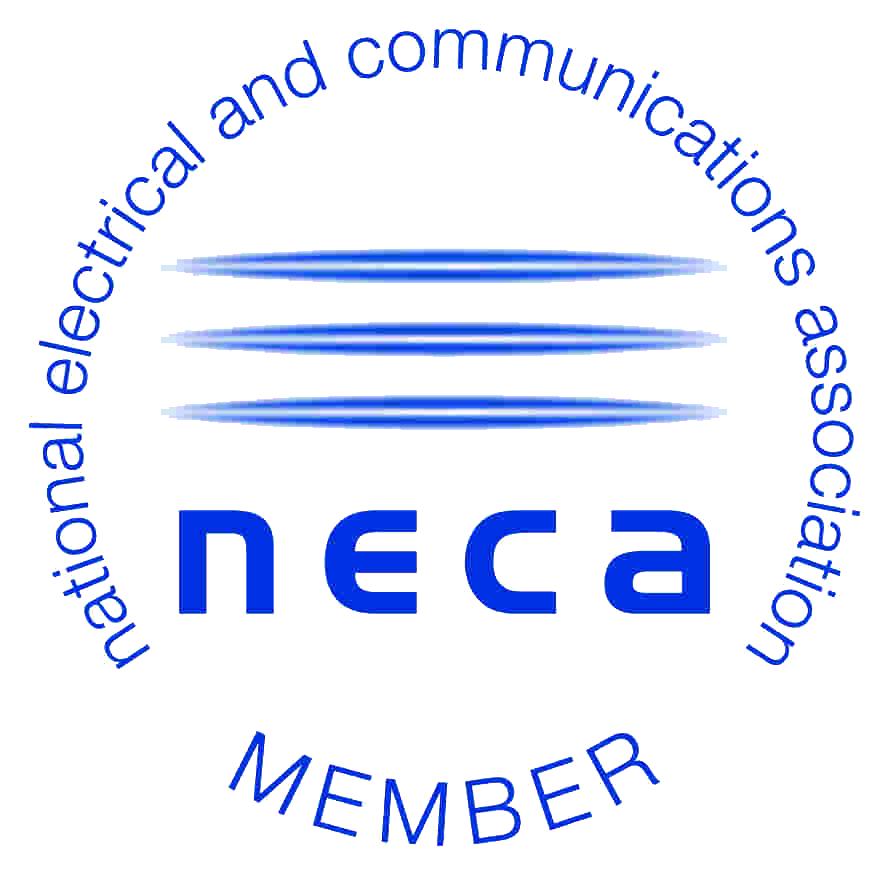 Logo of the National Electrical and Communications Association (NECA), featuring blue horizontal lines and circular text surrounding the acronym NECA indicating membership