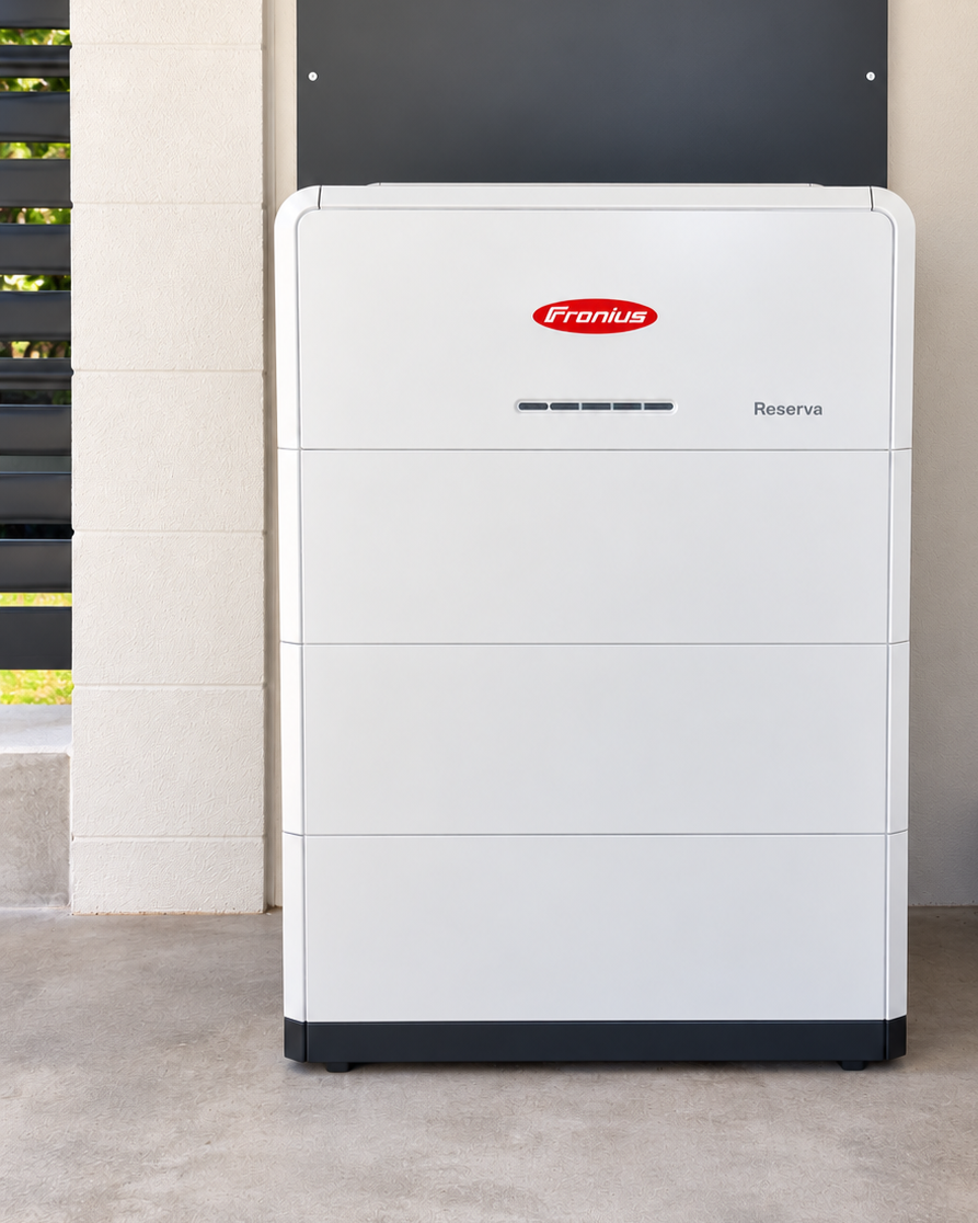 A white residential wall-mounted boiler with the brand name 'Fronius' and model 'Reseva' on it, installed on an outdoor wall.