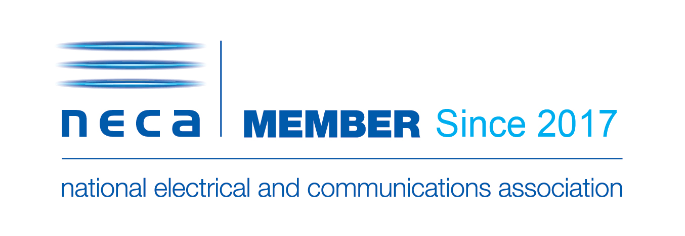Logo of NECA, a blue and white design with an abstract electrical signal symbol, and text indicating membership since 2017 and the organization name, National Electrical and Communications Association.