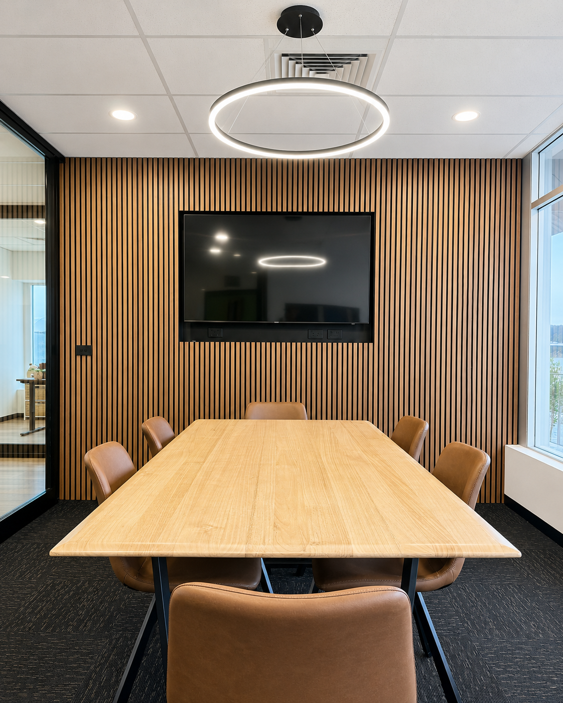 A modern conference room with a wooden table, six brown chairs, a wooden slatted accent wall, a large wall-mounted TV, and a circular LED light fixture on the ceiling.