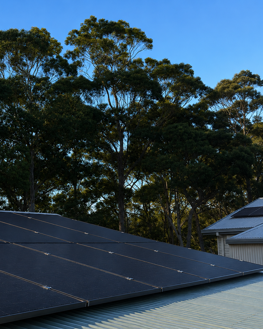 Solar panels installed on a sloped metal roof with a backdrop of trees and a clear blue sky.