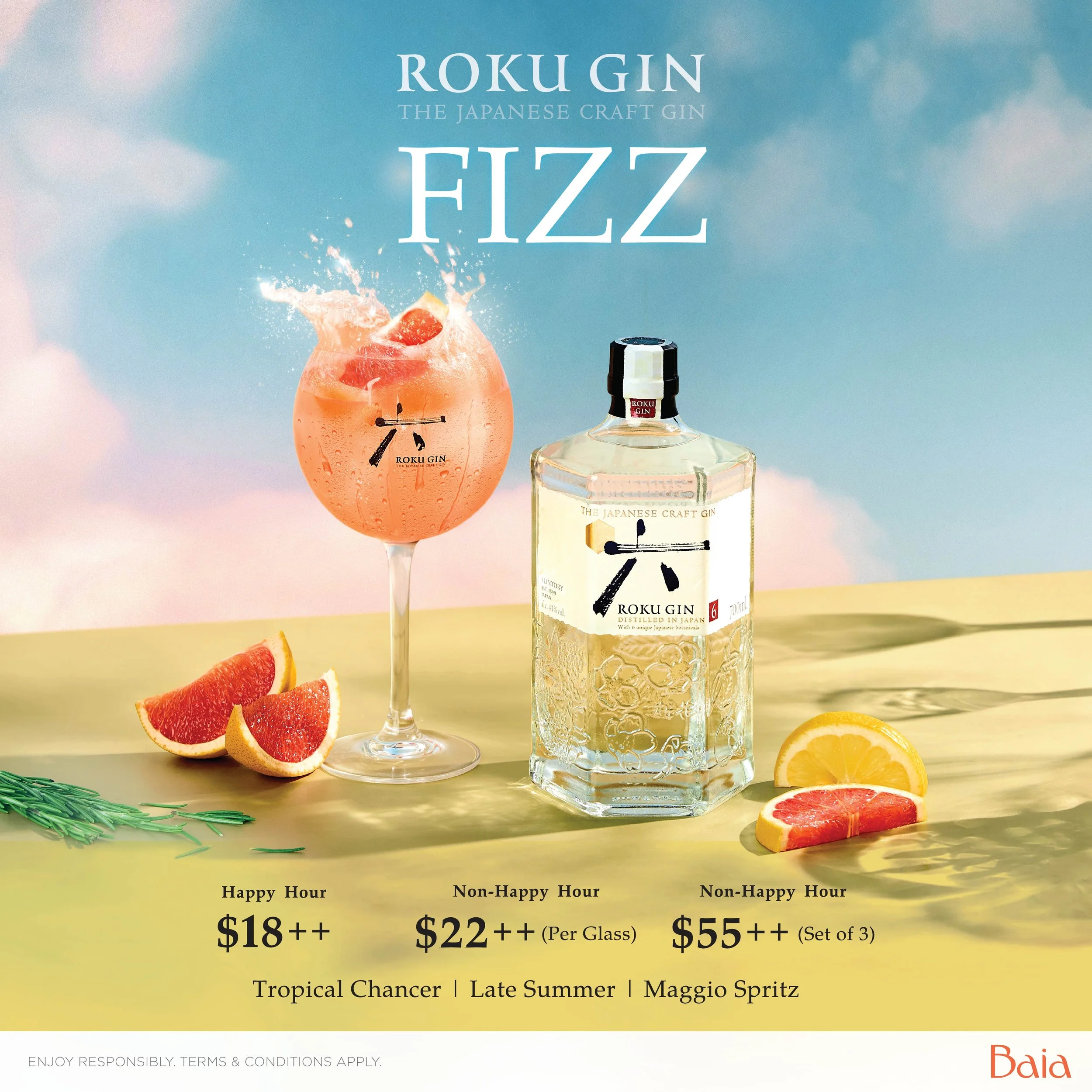 A promotional poster for Roku Gin featuring a pink cocktail in a glass with ice, grapefruit slices, and a splash effect, alongside a bottle of Roku Gin. The background is a sky with clouds, and there are grapefruit and lemon slices on a yellow surface. Prices for happy and non-happy hour are listed for different sizes of the cocktail.