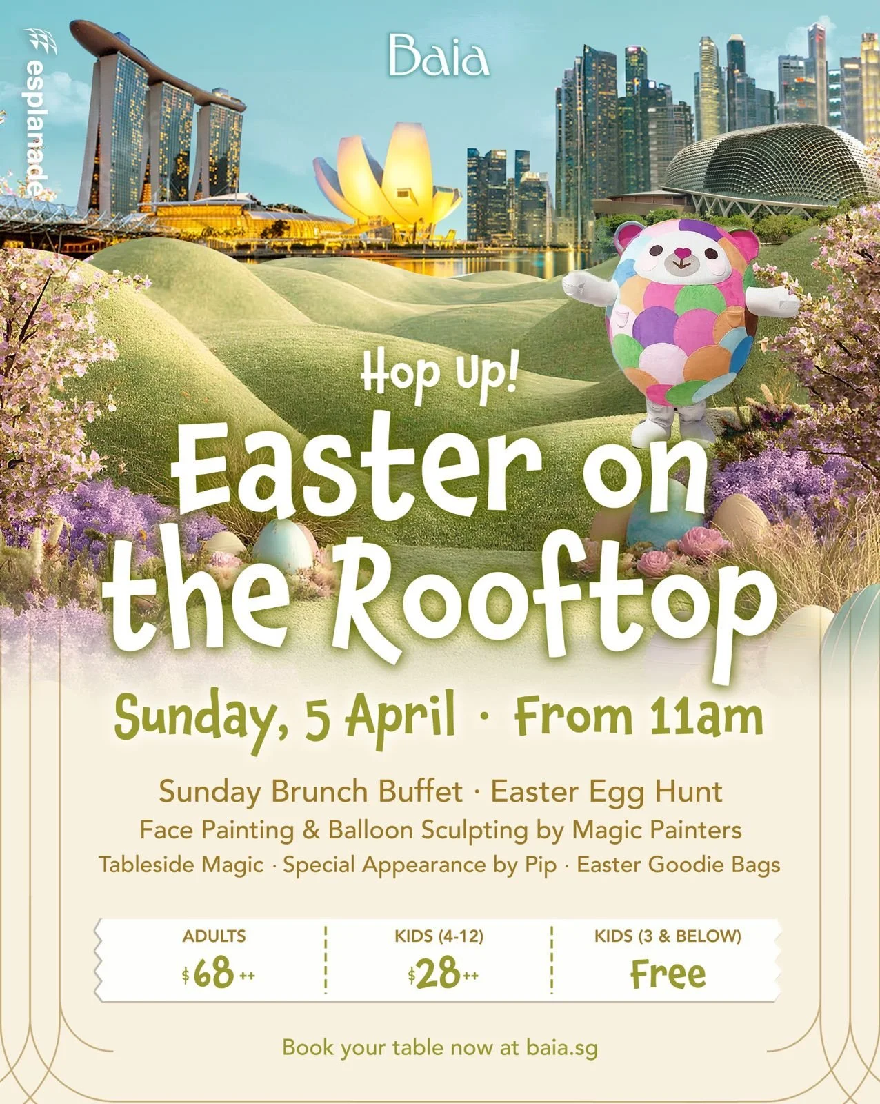 Hop up to Baia for our very first Easter Egg Hunt with PIP&rsquo;s PLAYbox!

Celebrate with the family over our Sunday Buffet Brunch, Easter-themed activities and a sprinkle of magic.

📍 Level 4, Esplanade Rooftop
📅 Sunday, 5 April | From 11am

You
