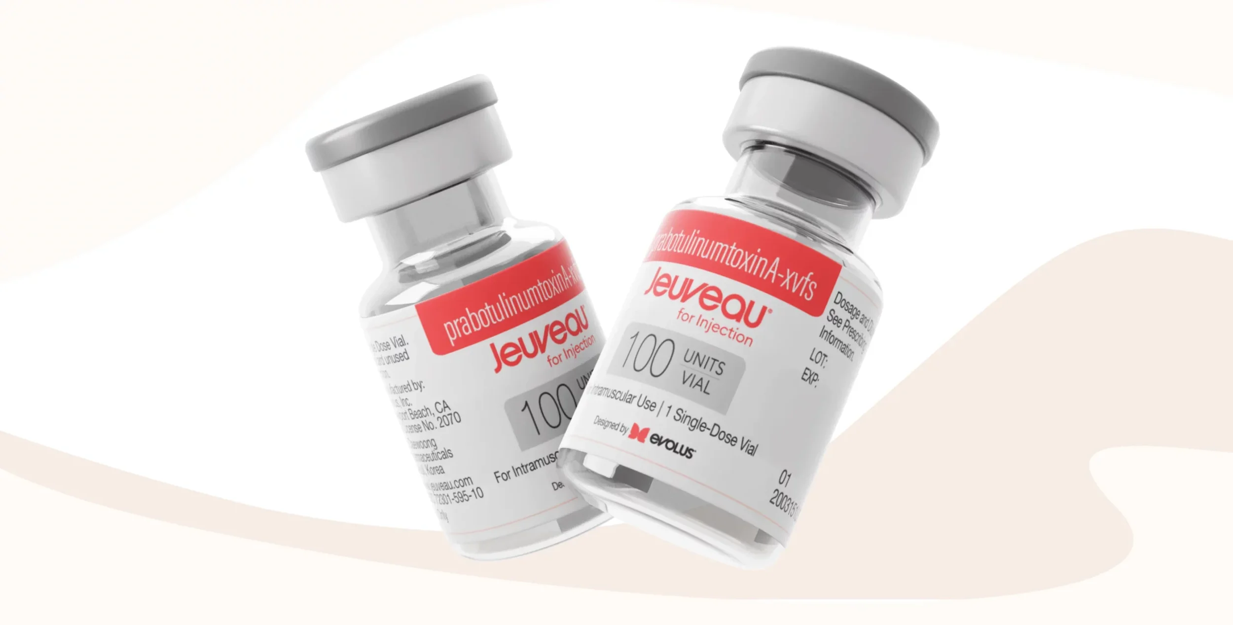 Two vials of Jeuveau, a botulinum toxin injectable, labeled for intramuscular use, with red and white labels and gray caps, positioned on a white background.