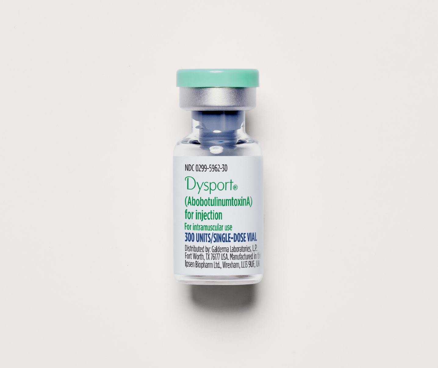 A small glass vial of Dyspor AbotulinumtoxinA for injection with a light green cap on a white background.