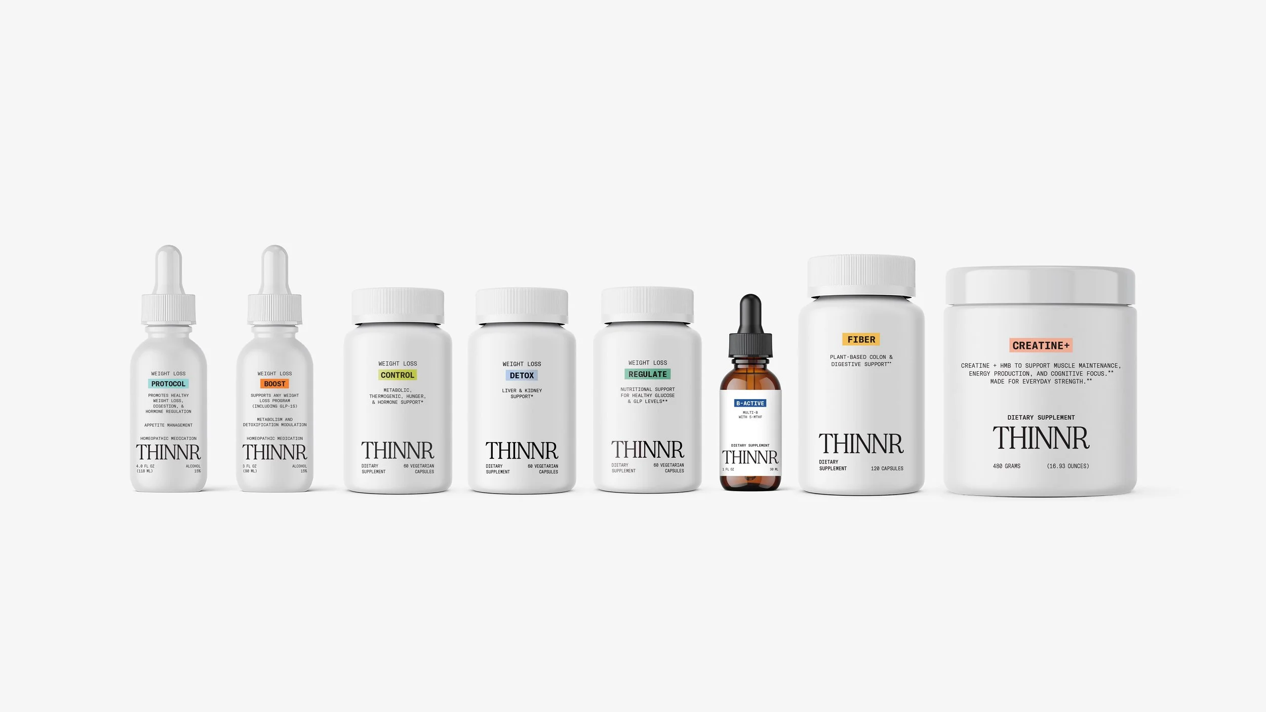 Collection of eight bottles of dietary supplements and medicine, with four small bottles on the left, one small amber dropper bottle in the center, and two large containers on the right, all labeled with different health and wellness product names.
