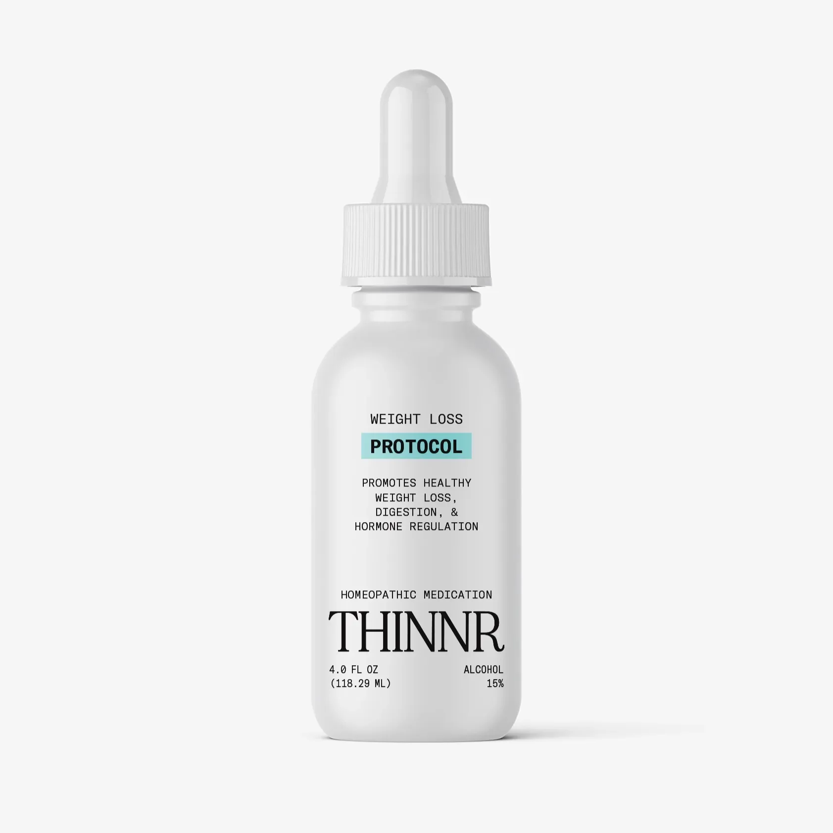 A white homeopathic medicine bottle labeled 'THINNR' with a dropper cap, promoting weight loss, digestion, and hormone regulation.