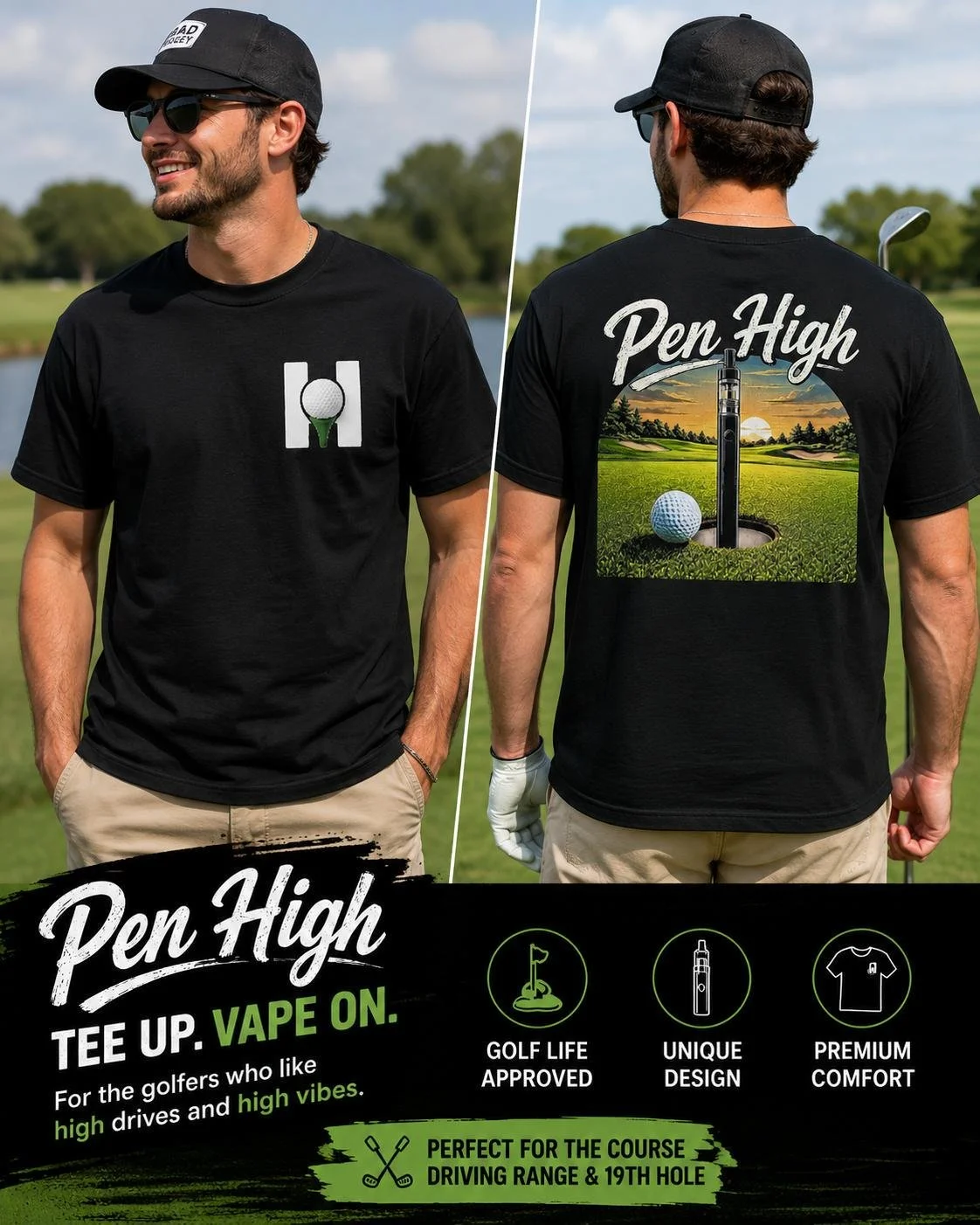 Man wearing a black t-shirt with a golf ball logo on the chest and a golf-themed vapor pen graphic on the back.