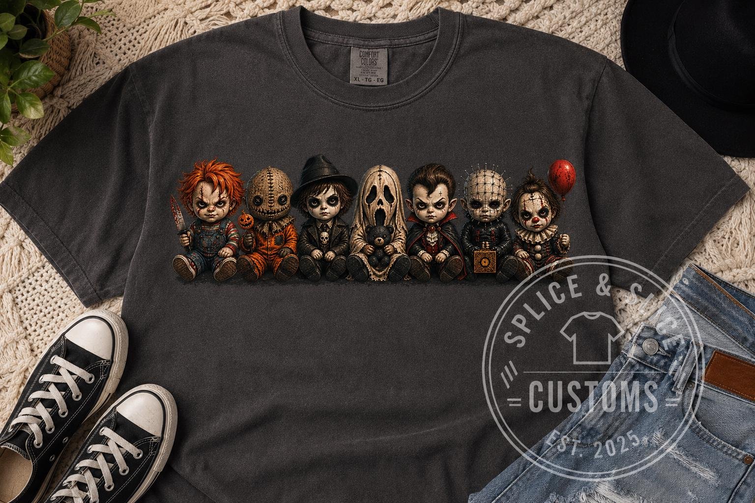 Dark gray t-shirt featuring a graphic of seven cartoon-style horror movie villains sitting in a row.