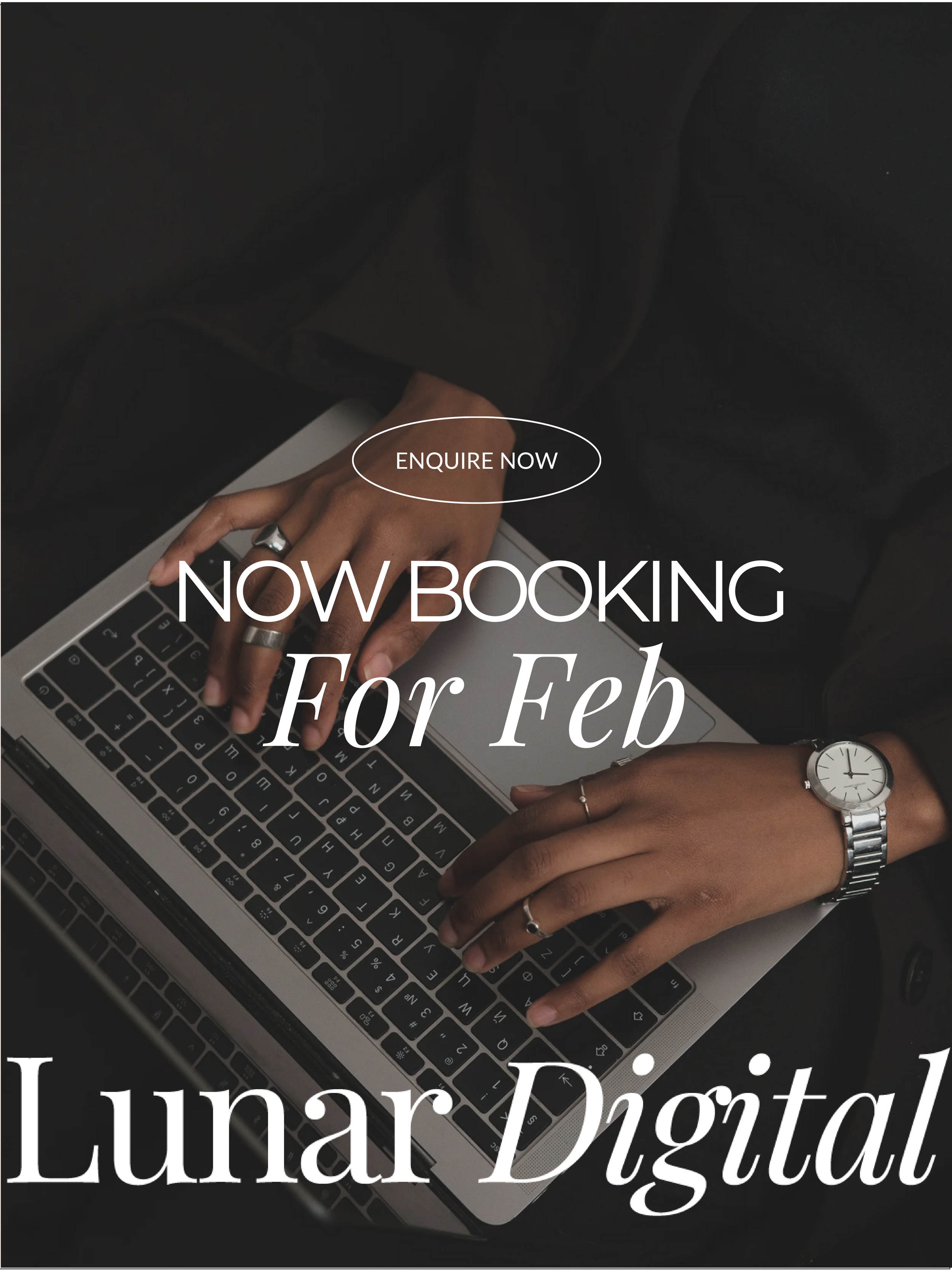 Image of a person typing on a laptop keyboard with overlay text about booking and inquiry for Lunar Digital.