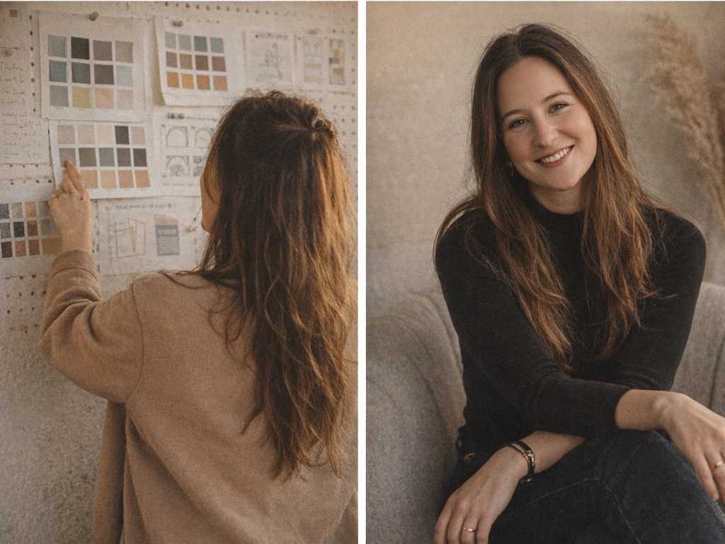 Side-by-side images: on the left, Freelance graphic designer Matty (she/her) with wavy brown hair working at a wall covered with colour swatches and sketches; on the right, Matty again smiling and sitting on a gray couch in a cozy, warmly lit room.