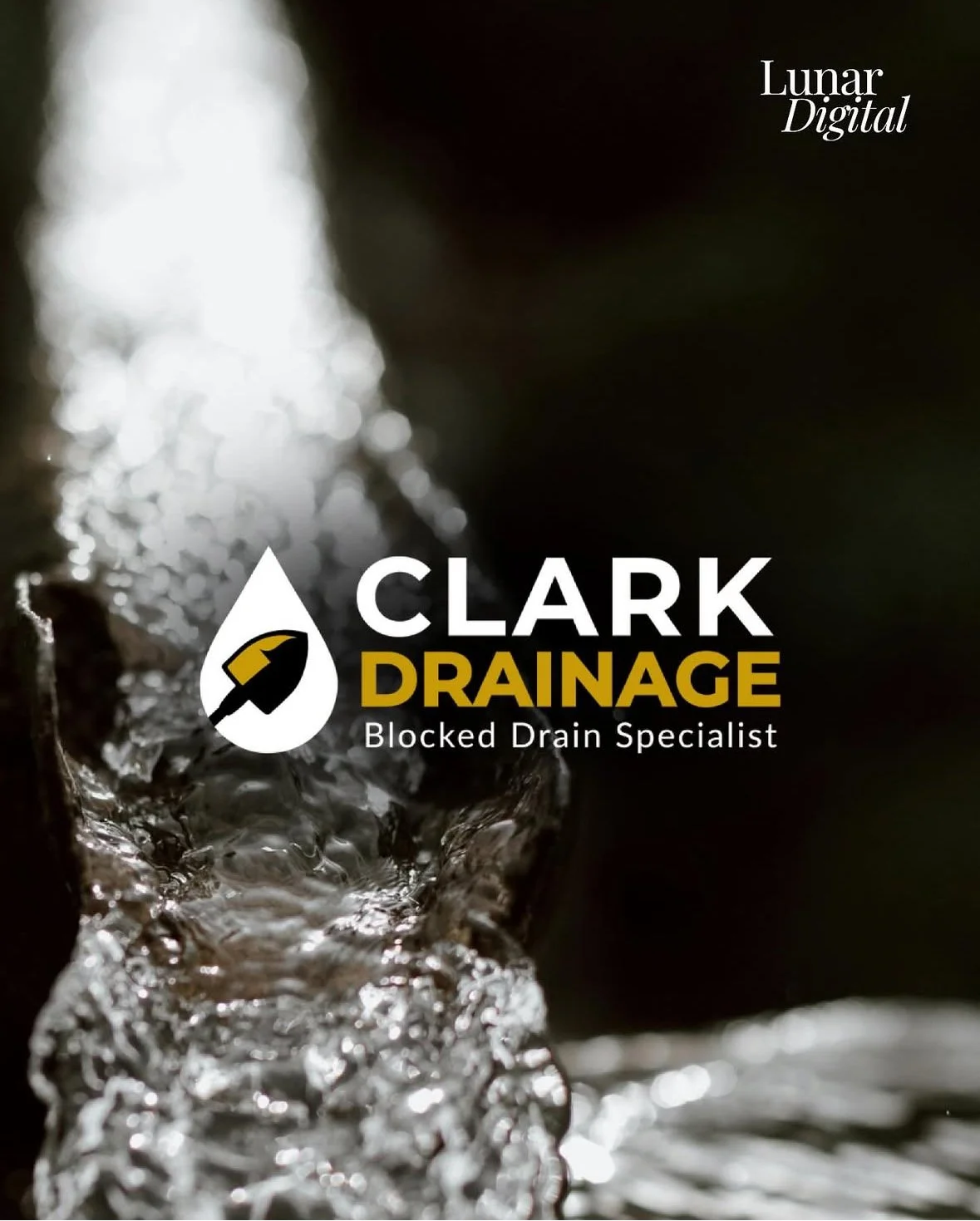 Close-up of a muddy drainage pipe releasing water, with a logo and text overlay for Clark Drainage, a blocked drain specialist.