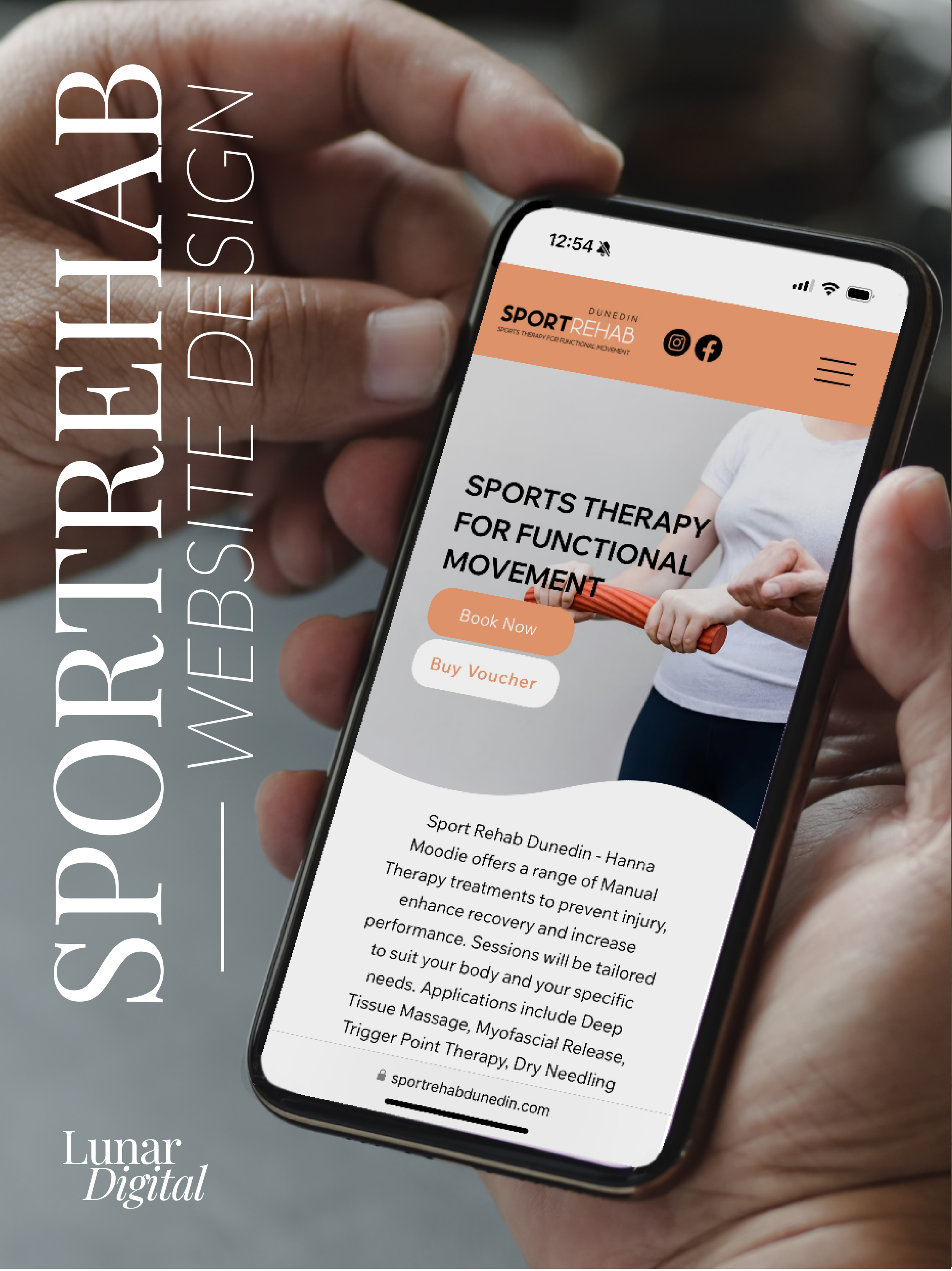 A person holding a smartphone displays a webpage for Sport Rehab Dunedin, offering sports therapy for functional movement with options to book appointments or buy vouchers.