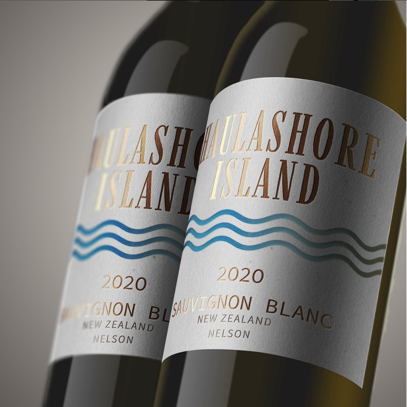 Wine Label Graphic design Close-up of two wine bottles with a white label, featuring the words "Haulashore Island 2020 Sauvignon Blanc New Zealand Nelson" in gold fonts, with raised gloss finish blue wavy lines.