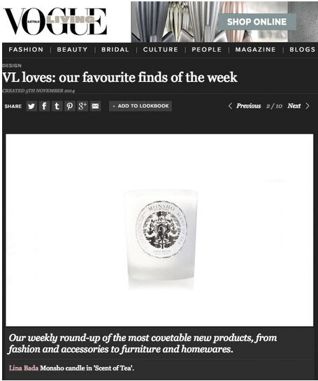LINA BADA (SCENT OF TEA CANDLE)loves VOGUE LIVING AUSTRALIA