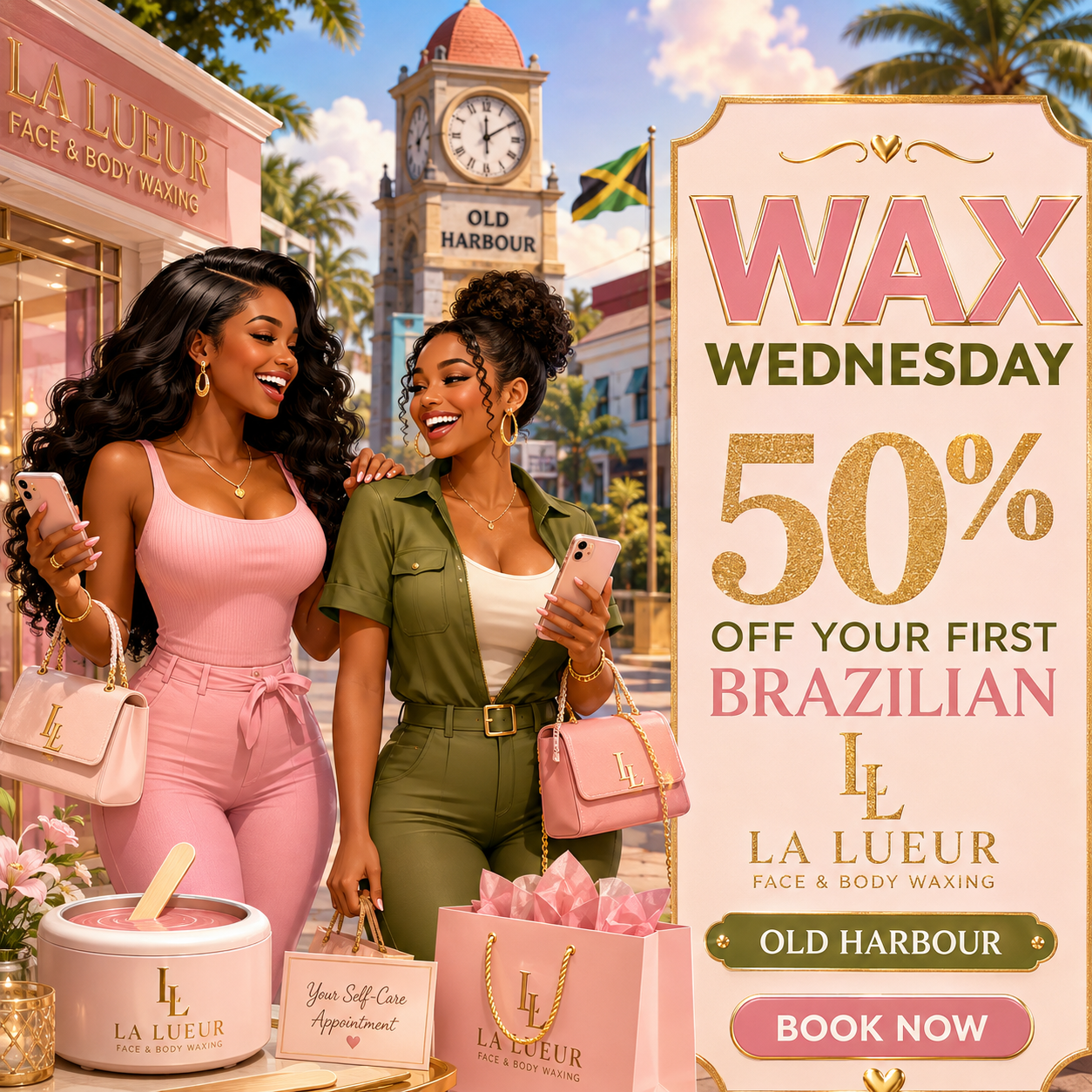 Two women are standing outdoors on a sunny day, smiling and looking at each other while holding their smartphones. One woman is dressed in pink, and the other in green. There are shopping bags and a product display for La Lueur face and body waxing, with a large sign advertising 50% off on Wednesdays for Brazilian waxing at Old Harbour.