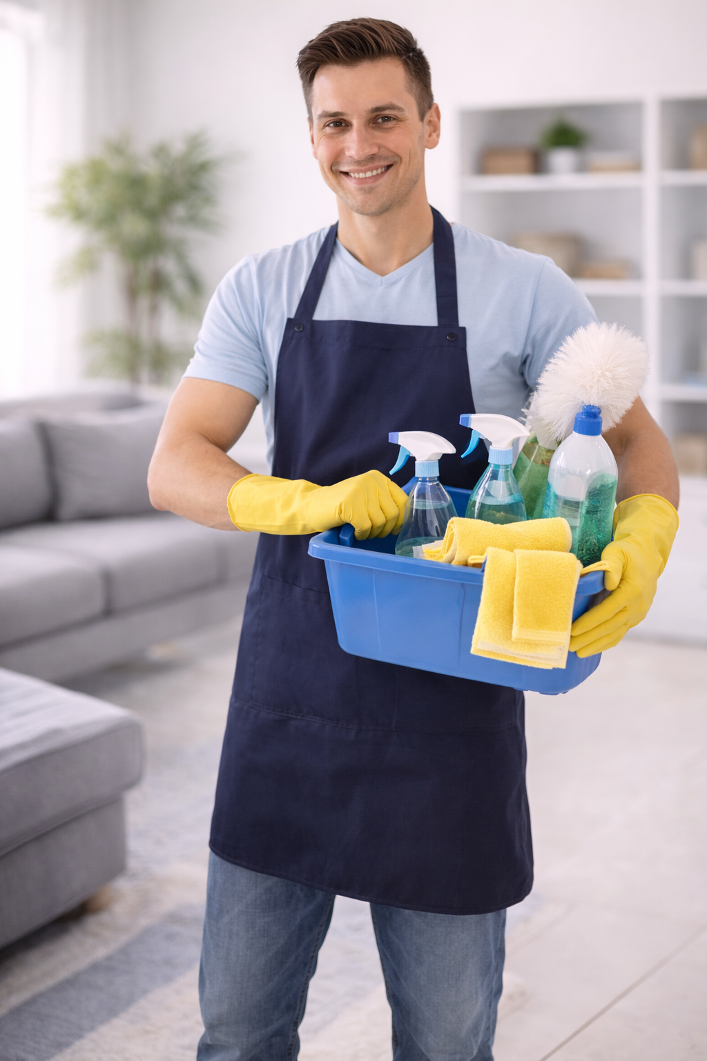 A smiling man wearing a blue apron and yellow gloves holds a blue cleaning caddy with various cleaning supplies, including spray bottles, a duster, and yellow towels, in a bright living room.