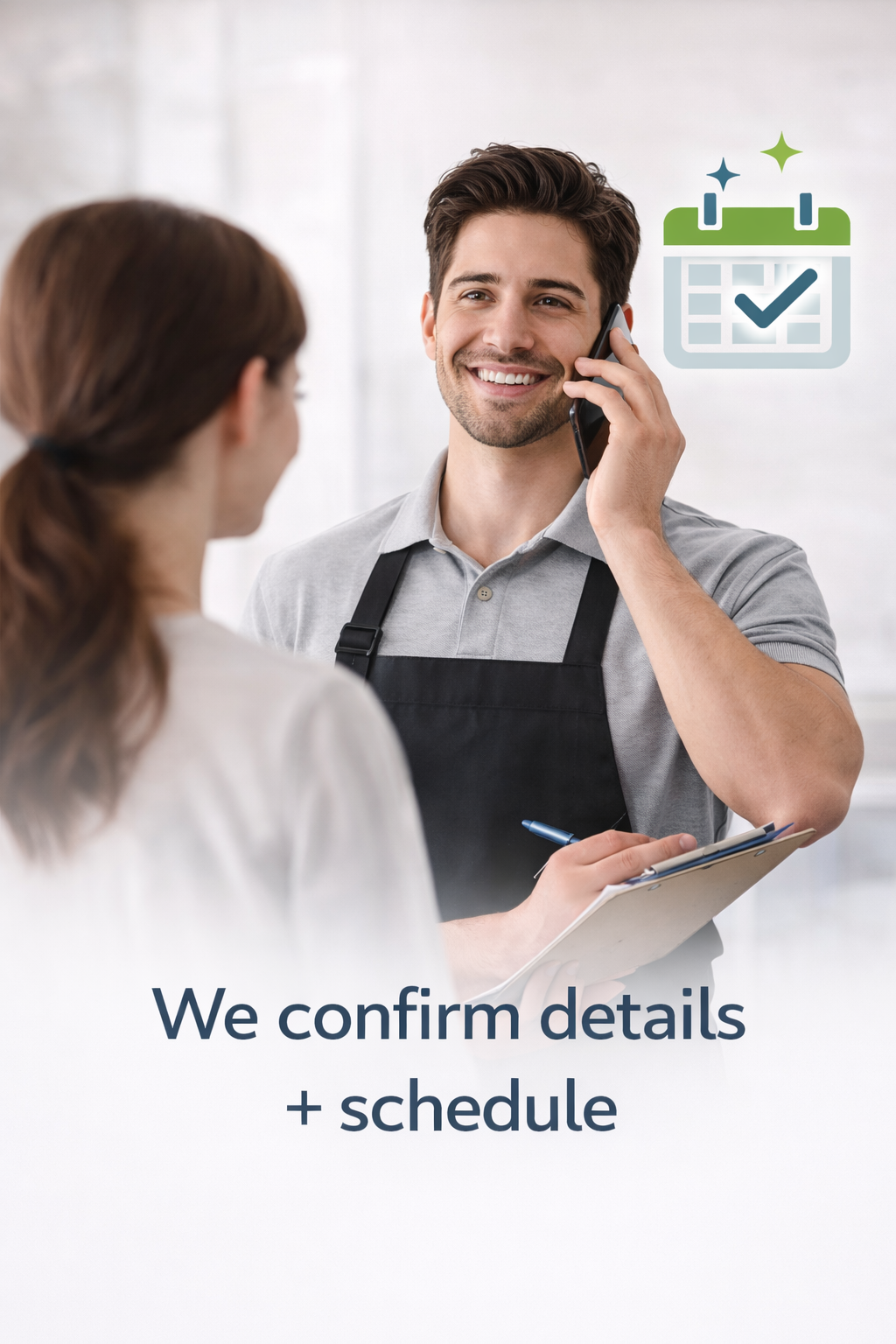 A smiling man in a gray polo shirt with a black apron is talking on the phone while holding a pen and clipboard. An illustrated calendar with a checkmark and sparkle icon is displayed above him, indicating confirmation of details and schedule.
