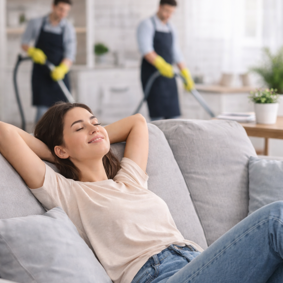 Woman relaxing on the couch while two men professionally clean the carpet in the background.