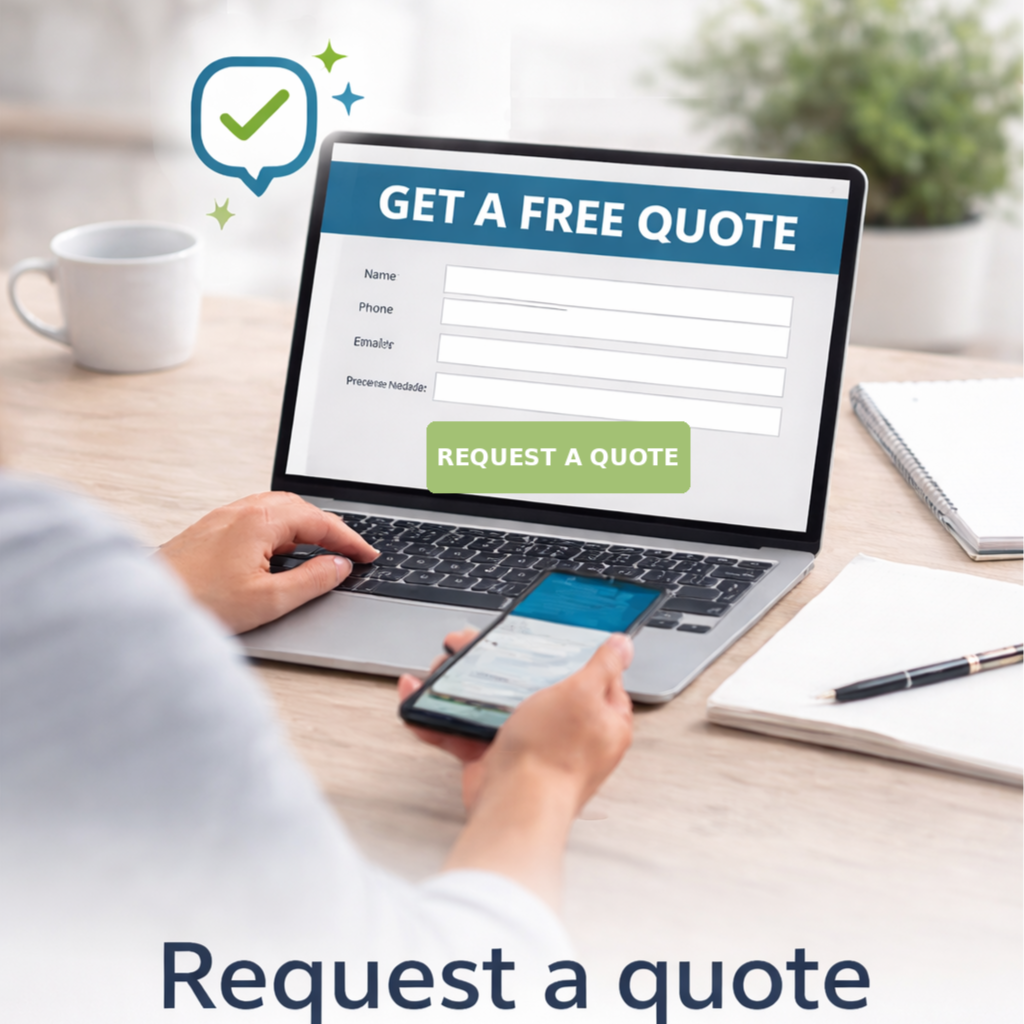 Person using smartphone to fill out a form for a free quote on a laptop, with a coffee mug, notebook, and pen on the desk.