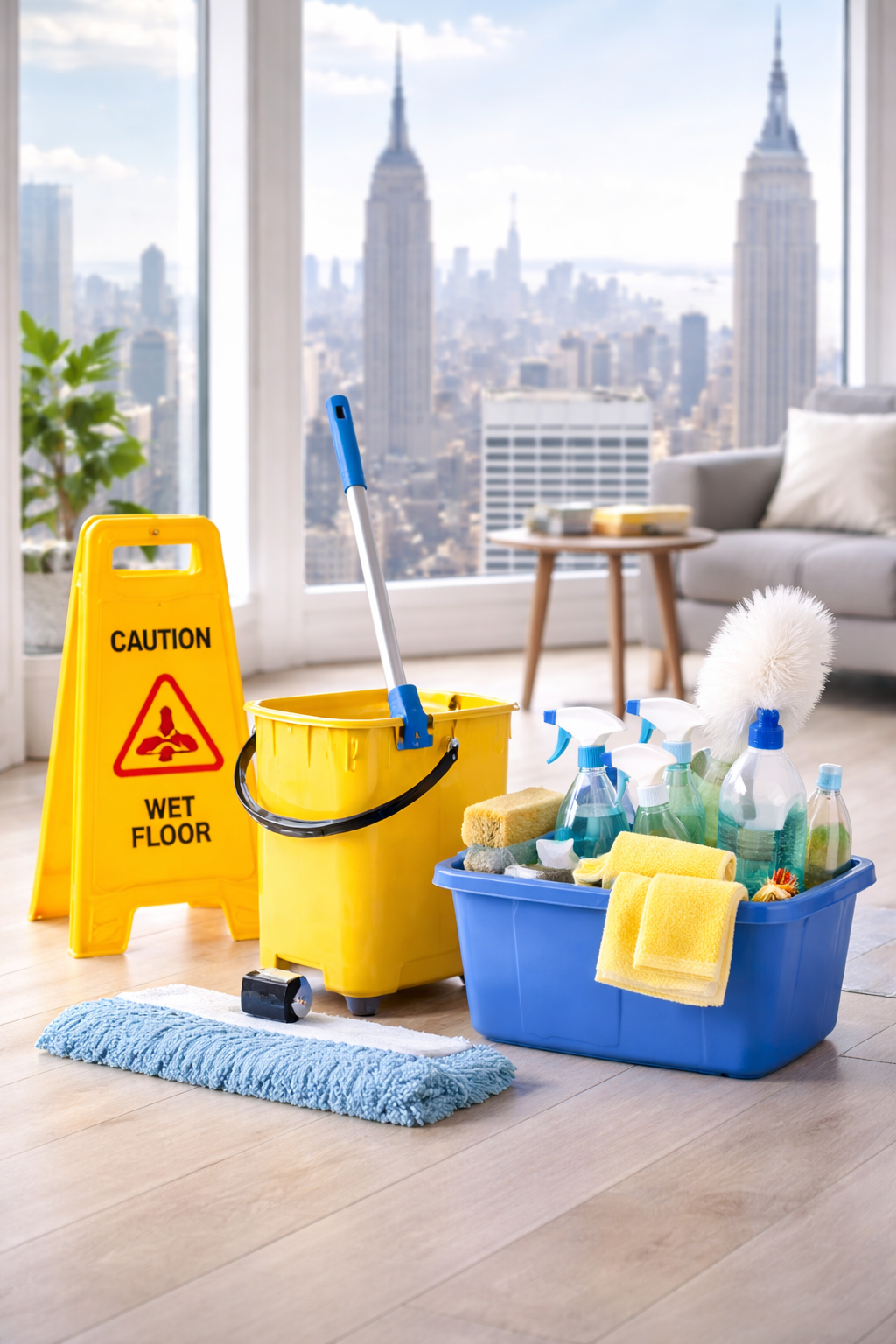 Cleaning supplies on hardwood floor with city skyline view through large window