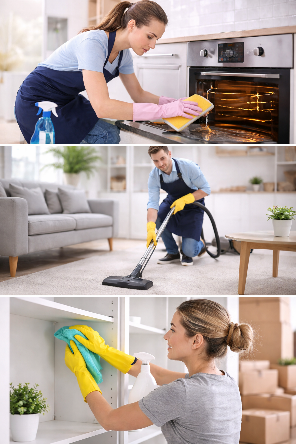 A woman cleaning an oven with a sponge, a man vacuuming a carpet in a living room, and a woman wiping shelves in a storage area.