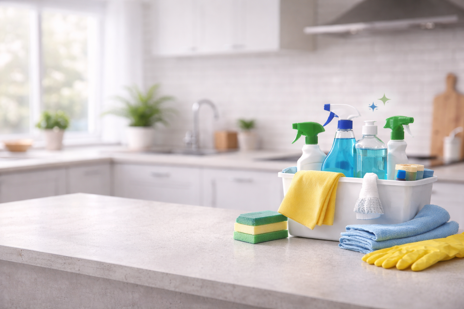 Cleaning supplies on a kitchen countertop, including spray bottles, sponges, cleaning cloths, yellow rubber gloves, and a bucket, with a bright kitchen in the background.