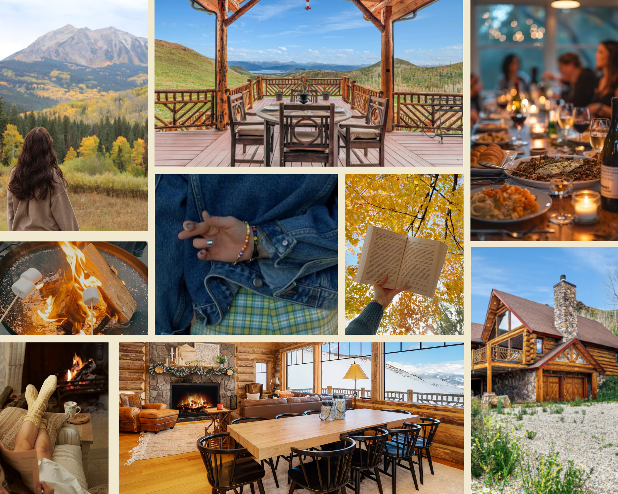 Collage of outdoor mountain views, a wooden deck with a table, a dinner table with food, a campfire with marshmallows, a person in cozy clothes reading, a woman meditating, a close-up of a hand with an open book against autumn leaves, an inviting living room with a fireplace, and a house in the woods.