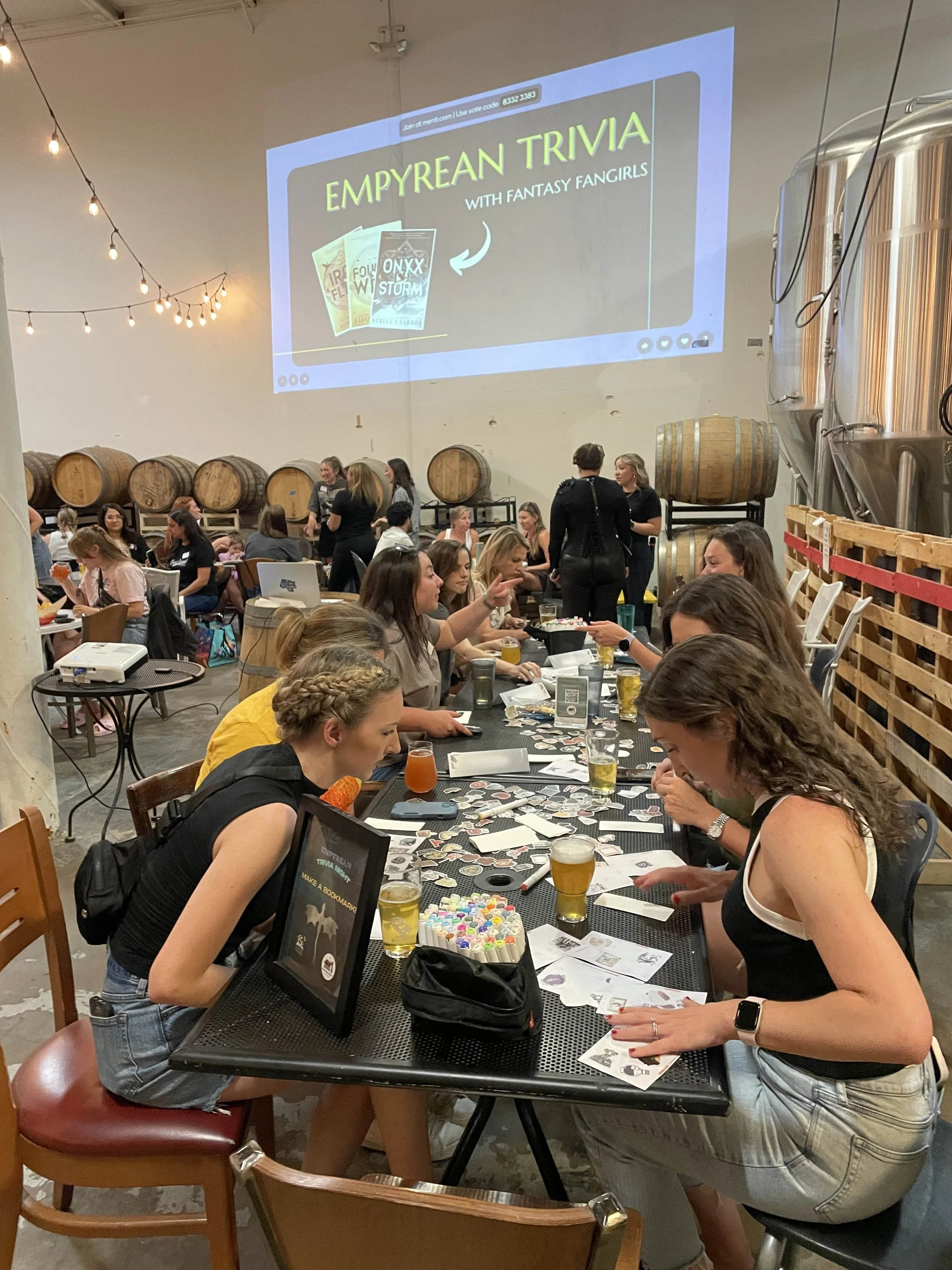 People participating in a trivia night event called Empyrean Trivia, featuring drinks, cards, and decorations, with a large projection screen displaying the trivia title.