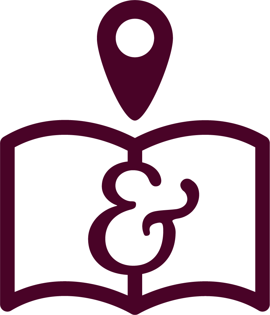 Icon of an open book with a location pin above it, and an ampersand symbol inside the book.