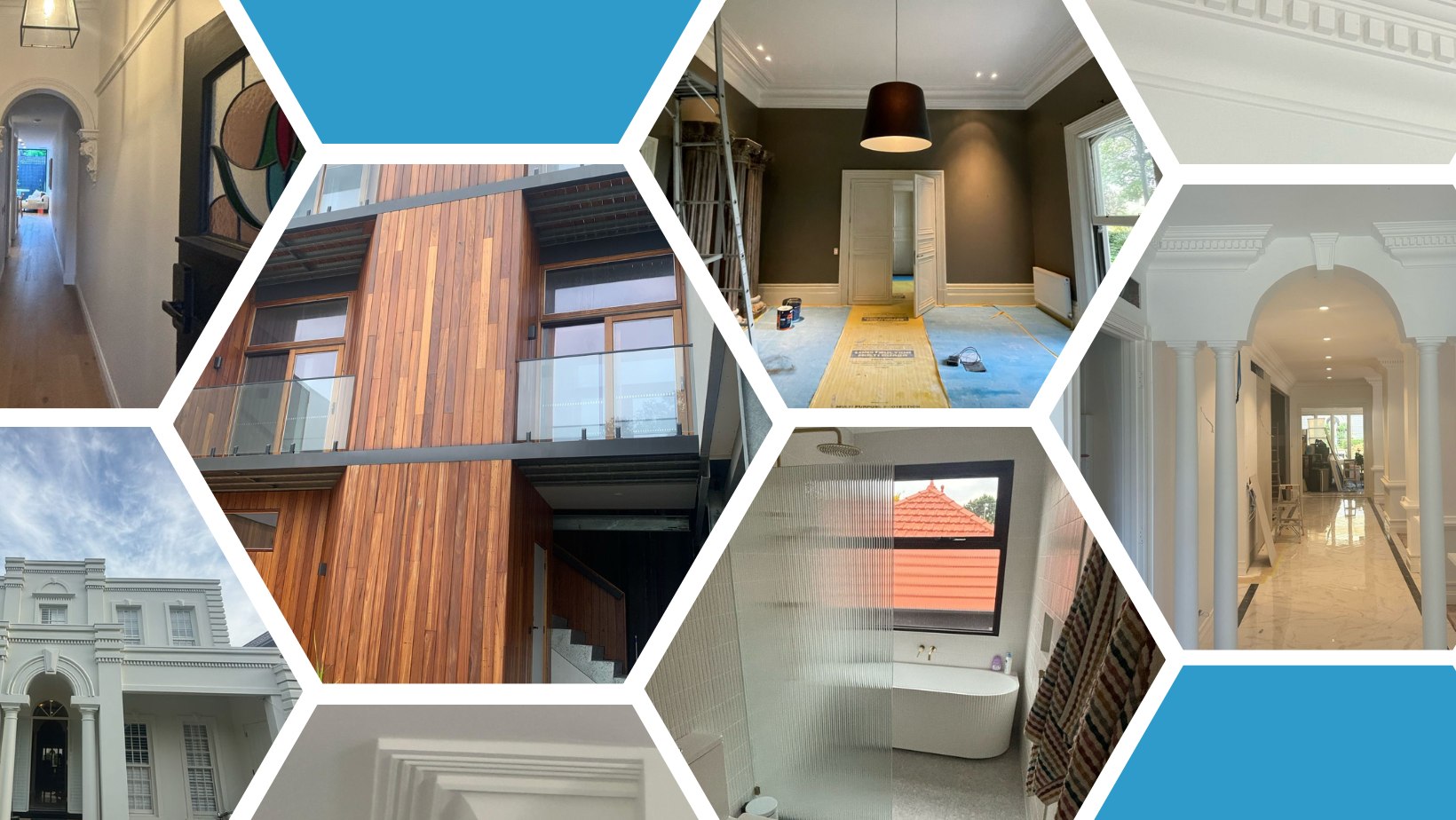 Collage of interior and exterior shots of JAYQ Plaster & Trades' projects, including a hallway, balcony, wooden exterior, decorated interior with columns, bathroom, and rooms with windows.