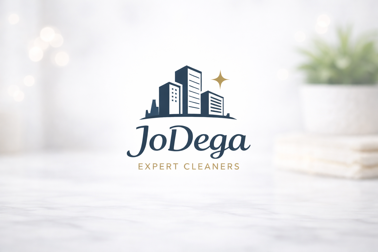 Logo for JoDega Expert Cleaners featuring a stylized city skyline with a star, company name, and tagline.