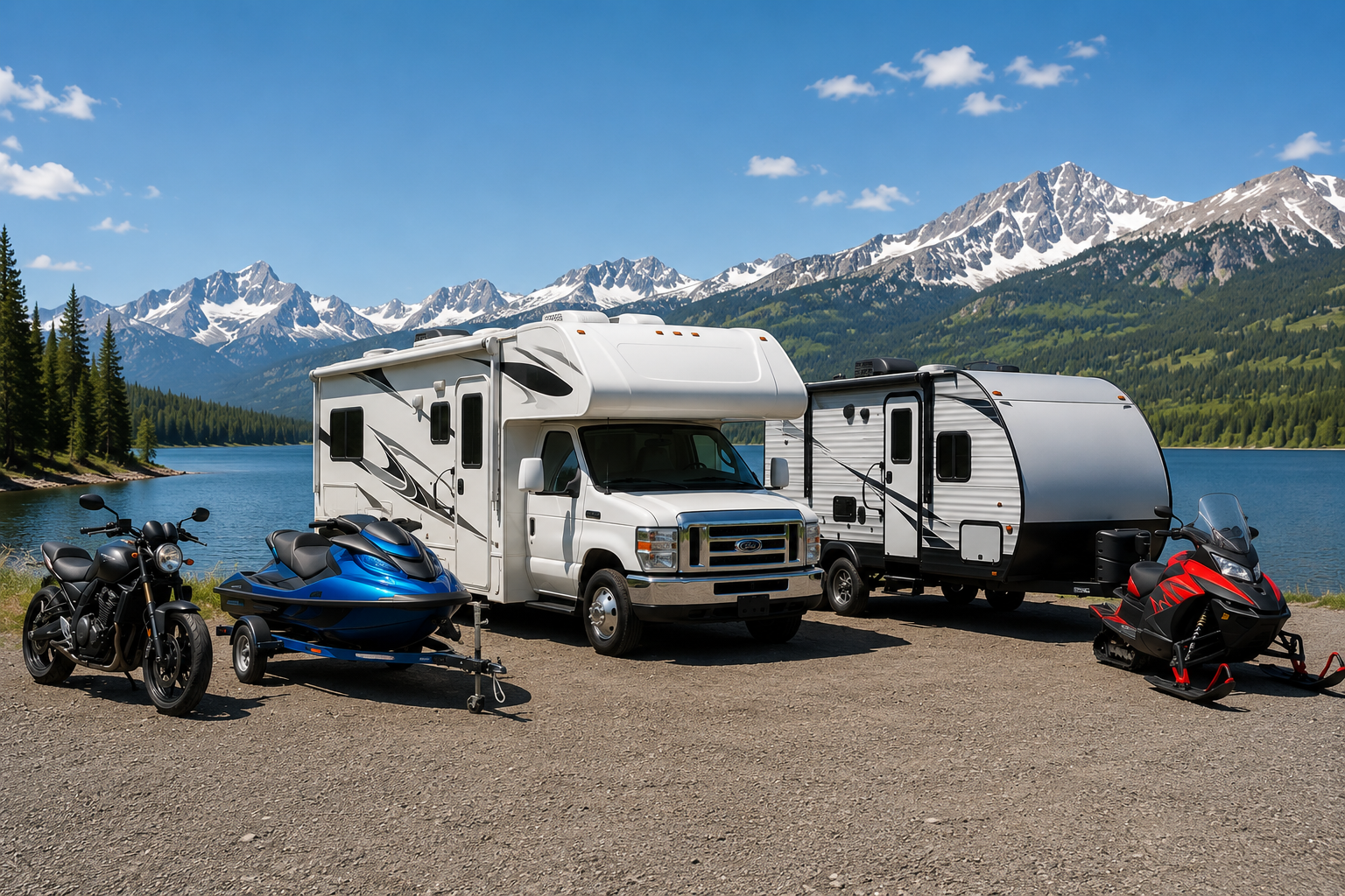 A camping scene with a white motorhome and a gray travel trailer parked near a lake with mountain scenery in the background. Two snowmobiles, one black and one red, and a blue jet ski on a trailer are in the foreground.