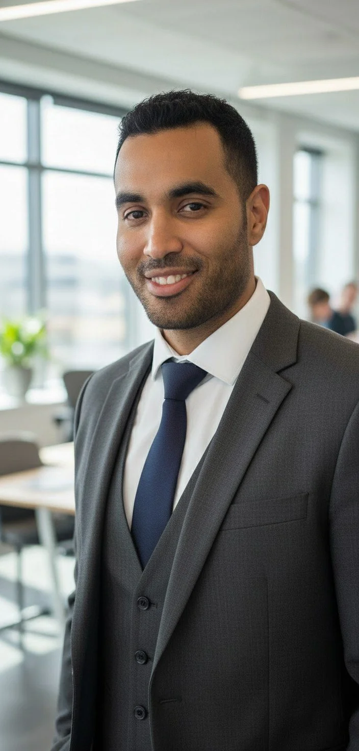 A young man in a gray business suit with a navy tie standing in a modern office with large windows and blurred background of colleagues.