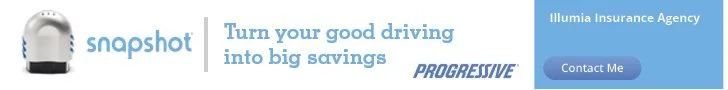 Snapshot logo next to a blue advertisement banner for Illumia Insurance Agency with the slogan 'Turn your good driving into big savings' and a 'Contact Me' button