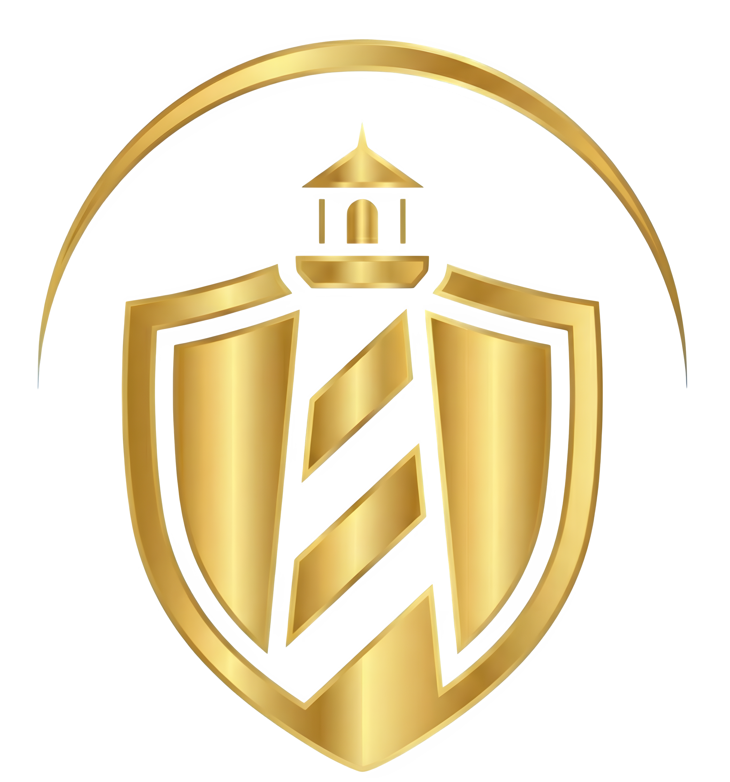 Gold and black logo of the Hollywood Sign, featuring a shield with a striped diagonal pattern and a lighthouse at the top.