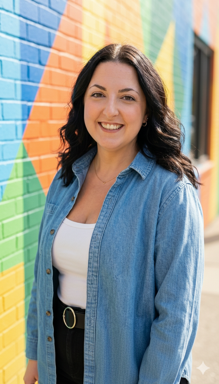 A woman with dark, wavy hair smiling while standing next to a colorful, mural-painted brick wall.