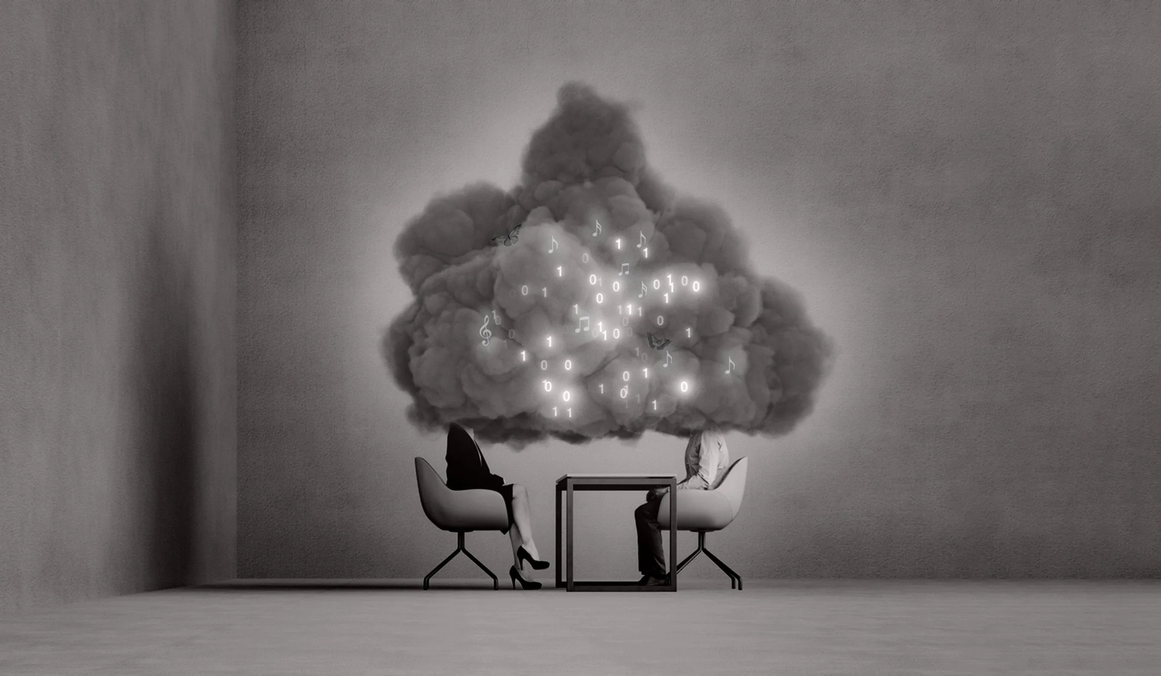 Two people sitting at a table with a large cloud of smoke or vapor above them. The cloud contains digital symbols, musical notes, and binary code, creating a surreal, symbolic scene.