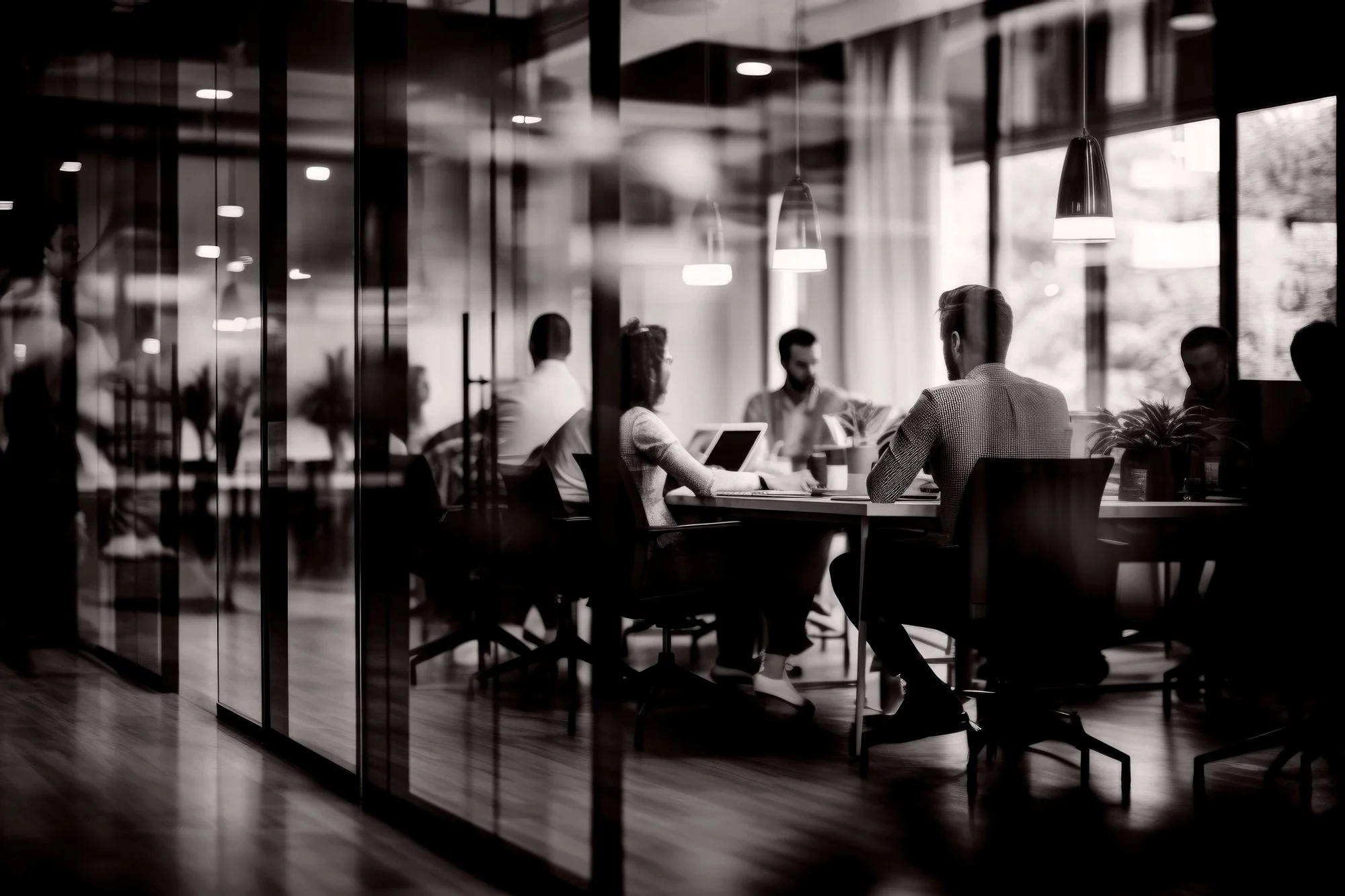A black and white photo of a modern conference room with multiple people sitting at tables, working on laptops and papers, illuminated by hanging pendant lights with large windows in the background.