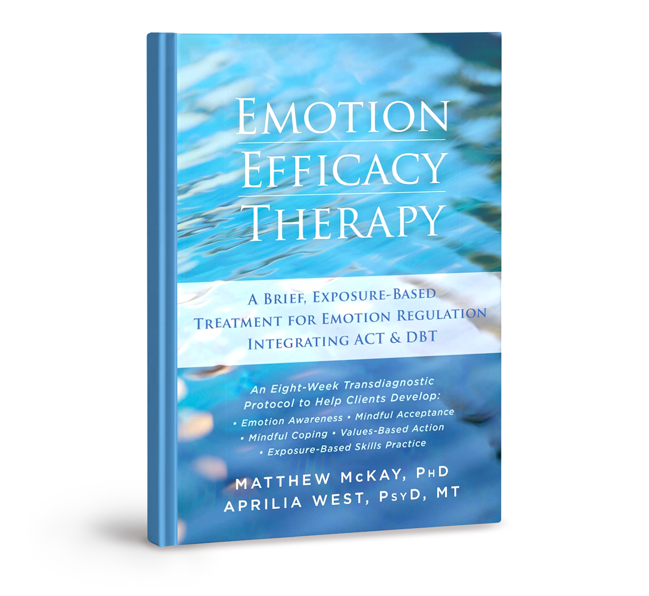 Book titled 'Emotion Efficacy Therapy' with a blue and water background, subtitle about emotion regulation treatment, authors Matthew McKay and Aprilia West.