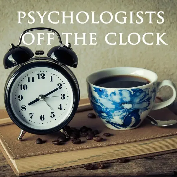 An alarm clock showing 2:10 next to a cup of black coffee on a wooden surface with coffee beans scattered around, with the text "Psychologists off the clock" above.