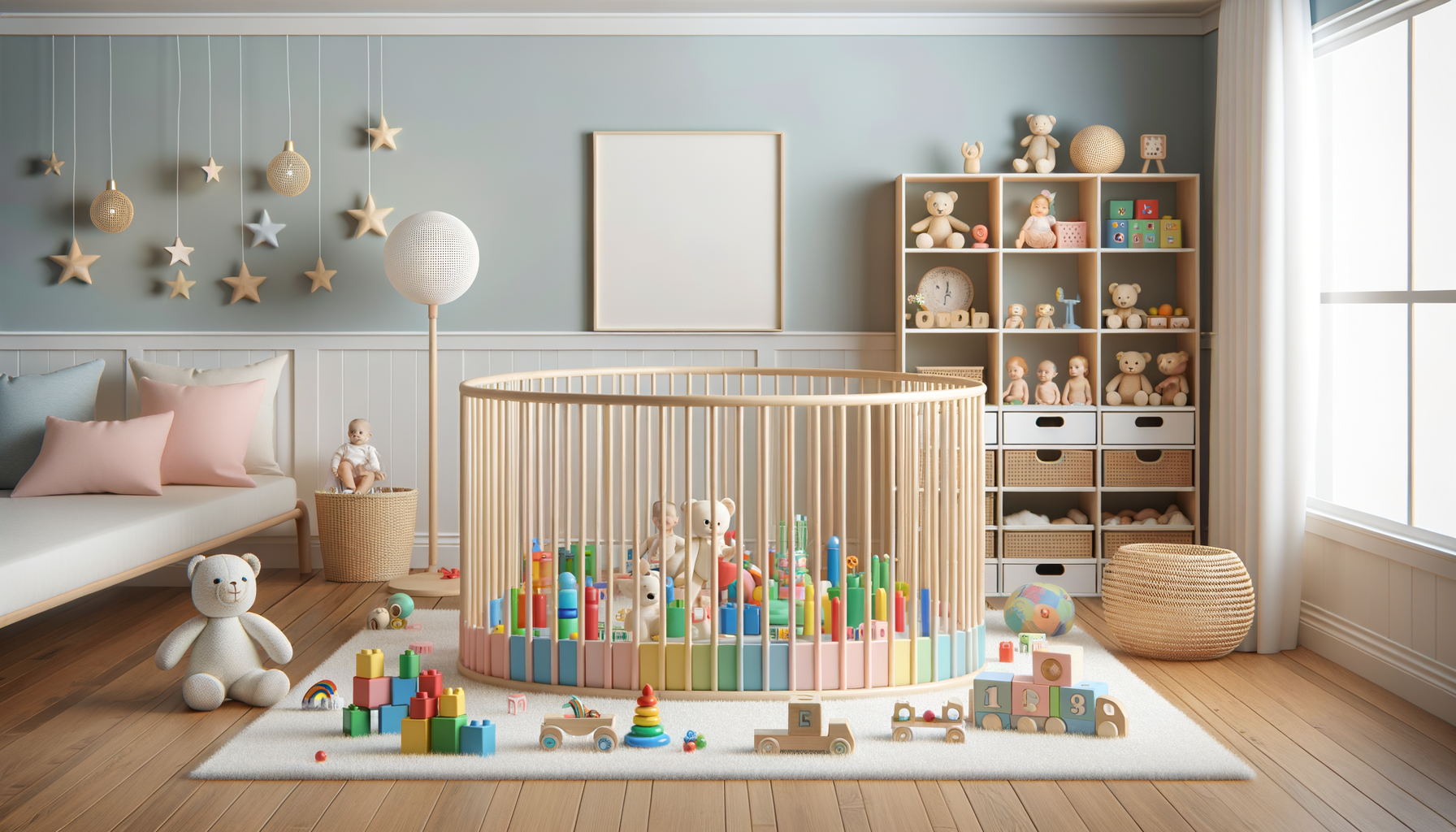Bright, modern nursery with a wooden floor, a white bed with pastel pillows, and a play area surrounded by a wooden safety gate filled with colorful toys and plush bears. There are shelves filled with toys and stuffed animals, a large window with curtains, and decorative hanging stars and balls on the wall.